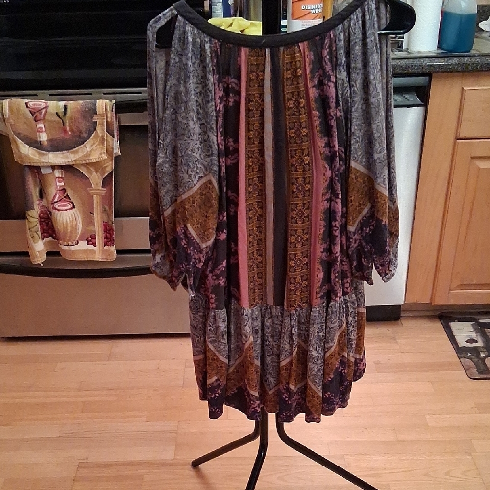 Free People Patchwork Mini Dress Or Tunic In Pink, Brown, and Gray - Picture 8 of 16